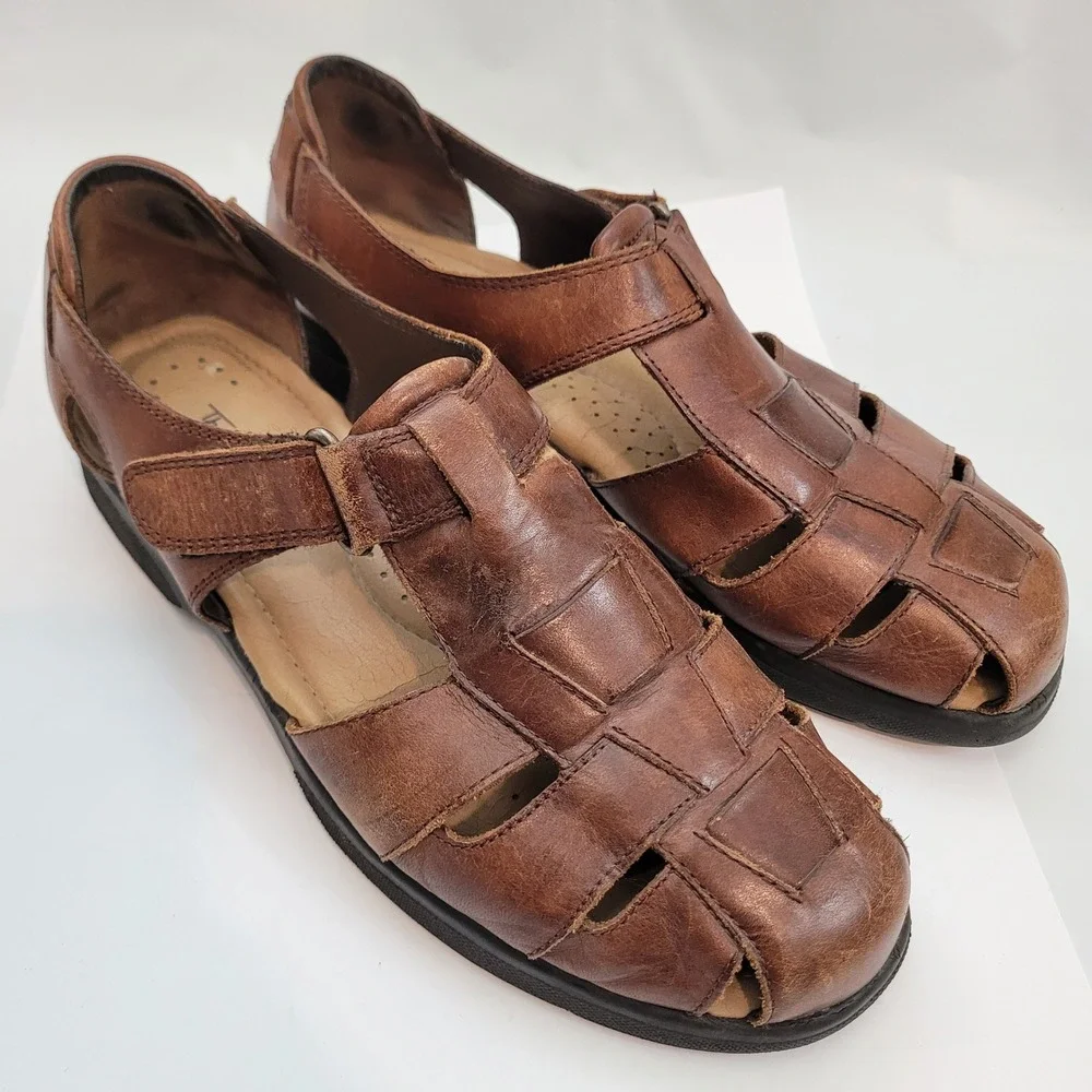 Thom McAn Fisherman Sandals Mens Brown Leather Woven Hook Loop Comfort 9